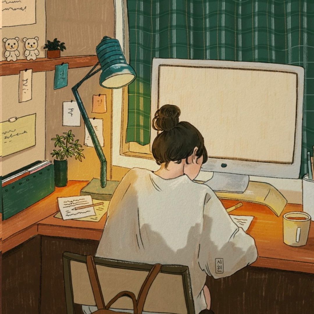 Study girl with sunset color room