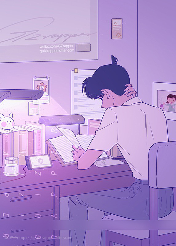 Purple-hued image of a boy studying in front of a desk