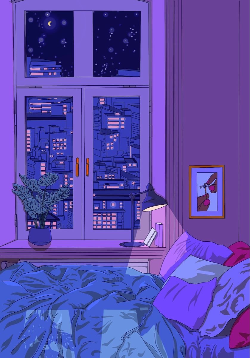 Neon night-time cozy room aesthetic