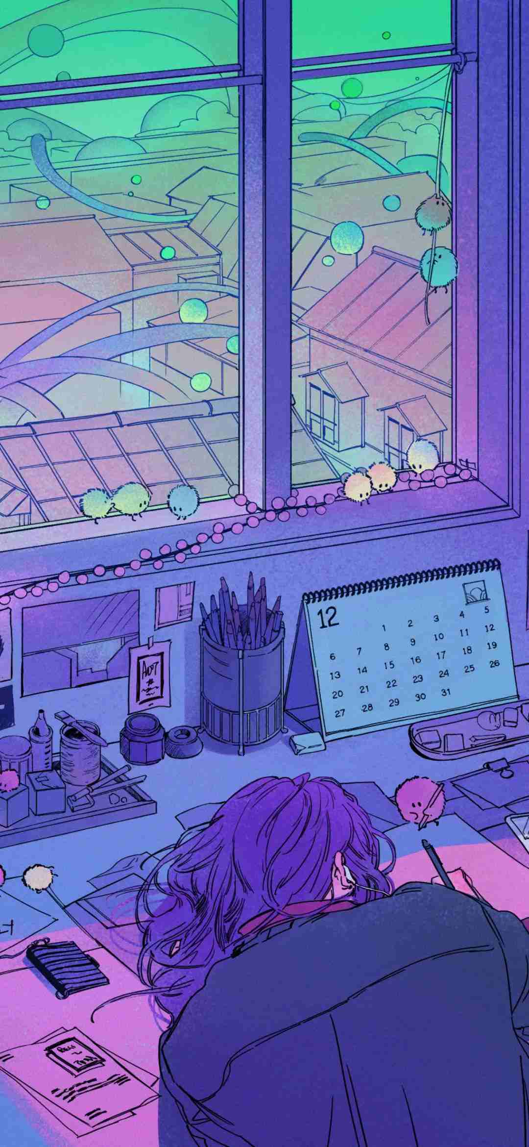 Neon anime-style study aesthetic